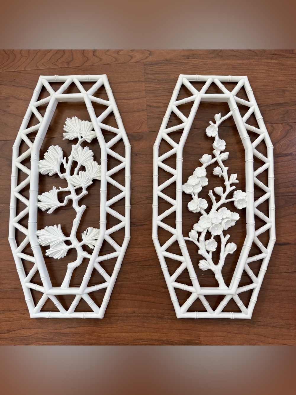 Vintage Homco Cherry Blossoms Floral Bamboo Wall Plaques 70's Retro MCM White